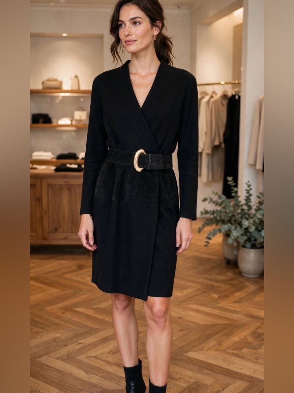 Gillian 100% Wool and Suede Stylish Black Dress with Belt Sz.10